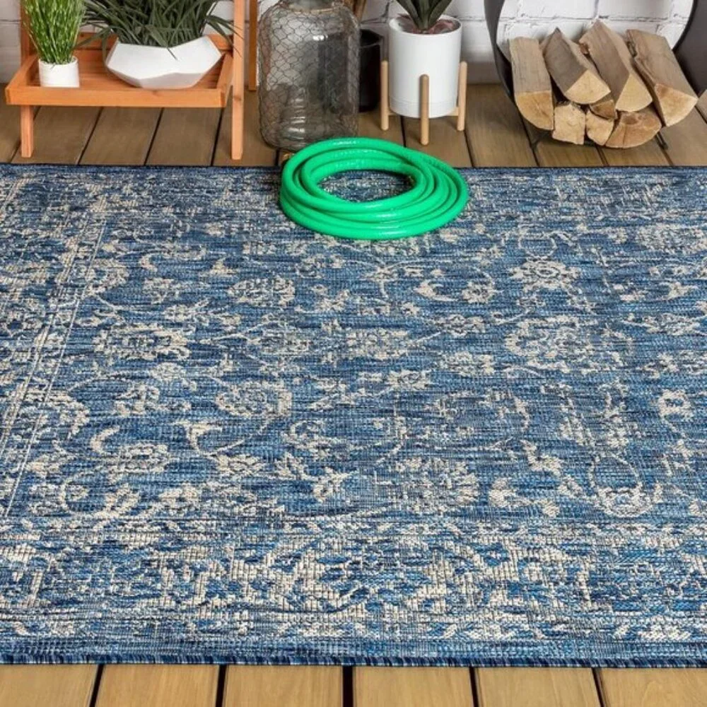 New 8x10 Boho Navy Gray Rug Indoor Outdoor Non-Slip Area Carpet for Home & Patio